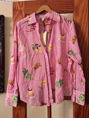 NWT Eliane Rose Pink & White Striped Button-Down with Fruit Print